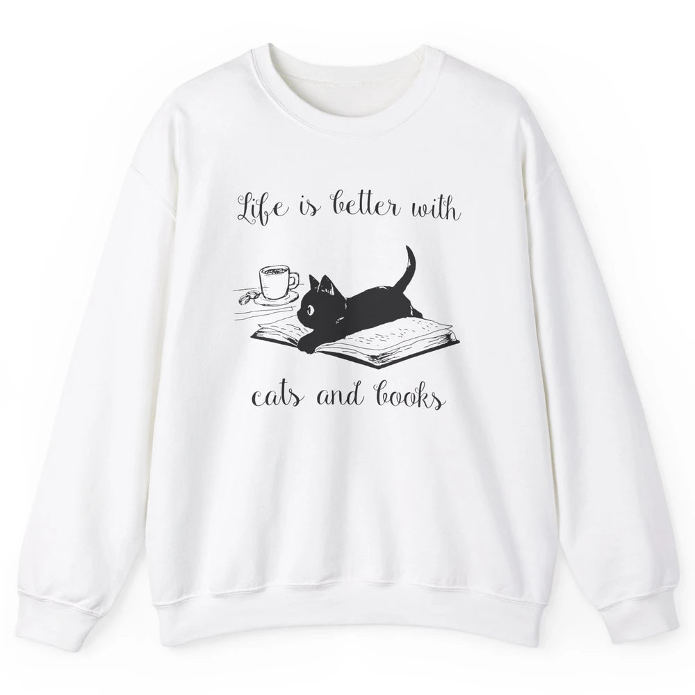 Retro Life Is Better With Cats And Books Reading Lovers Unisex Crewneck Sweatshirt