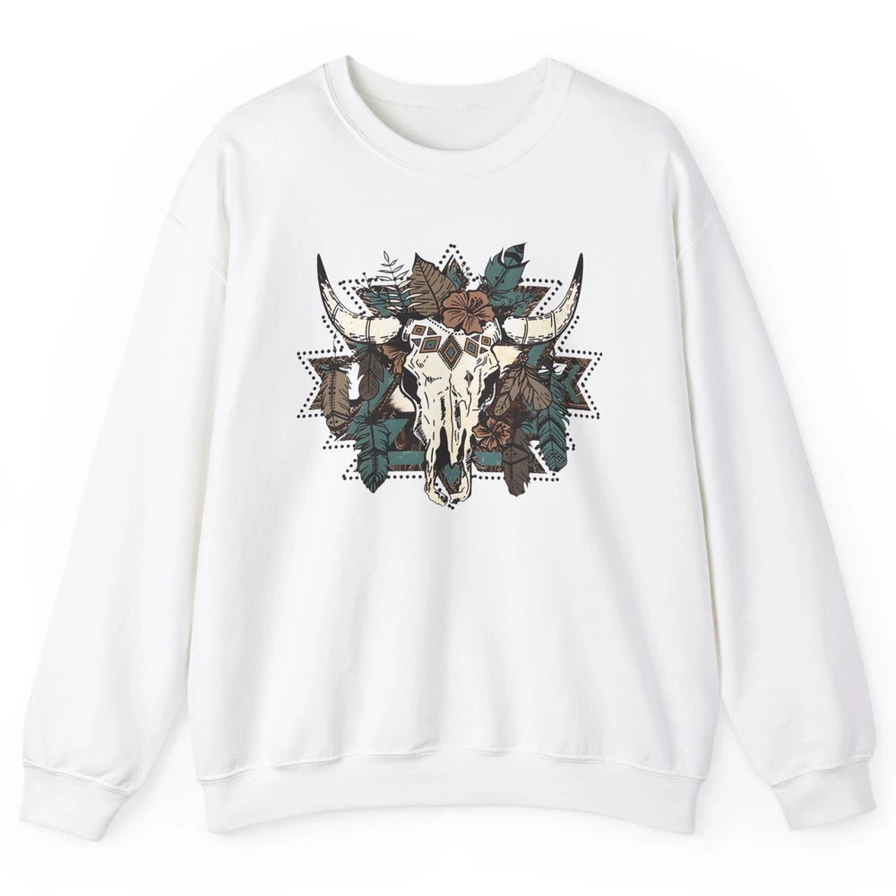 Retro Boho Bull Skull Aztec Desert Cactus Western Country Unisex Crewneck Sweatshirt