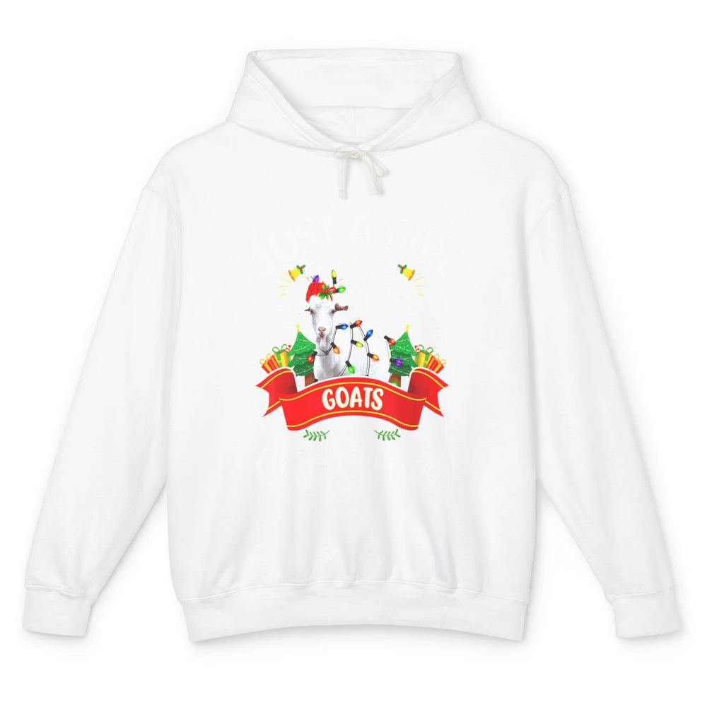 Merry Christmas Just Girl Loves Goat And Xmas Tree Lights Unisex Lightweight Hoodie