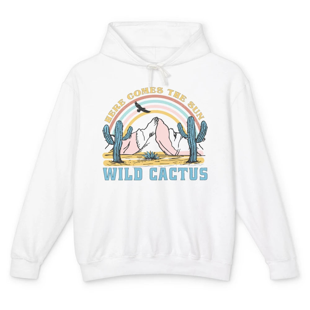 Retro Rainbow Here Come The Sun Wild cactus Desert Western Unisex Lightweight Hoodie