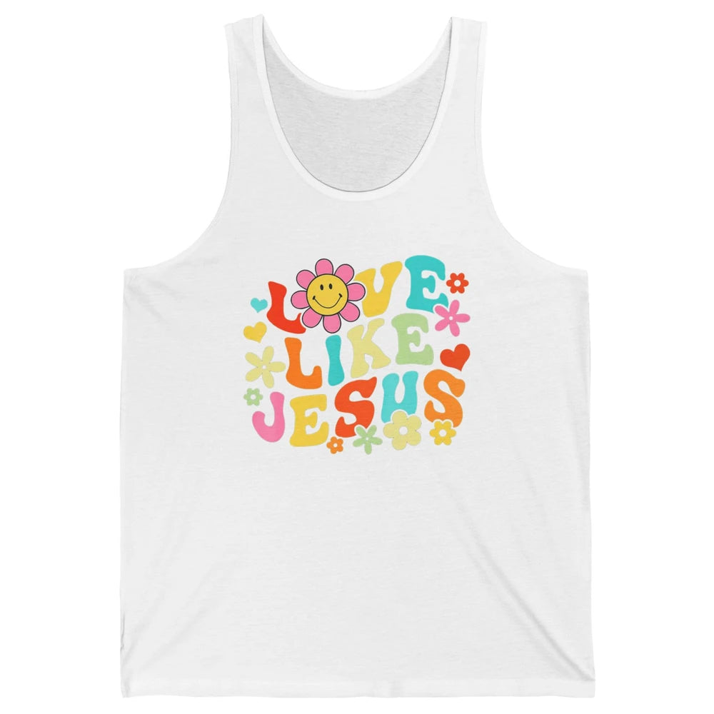 Retro Groovy Love Like Jesus Smiling Face Daisy Boho God Unisex Jersey Tank