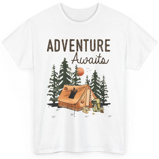 Retro Camping Tent Mountain Sunset Adventure Awaits Campers Classic Unisex T-Shirt