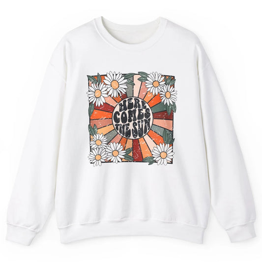 Retro Daisy Rainbow Sunrise Here Comes The Sun Hippie Girl Unisex Crewneck Sweatshirt