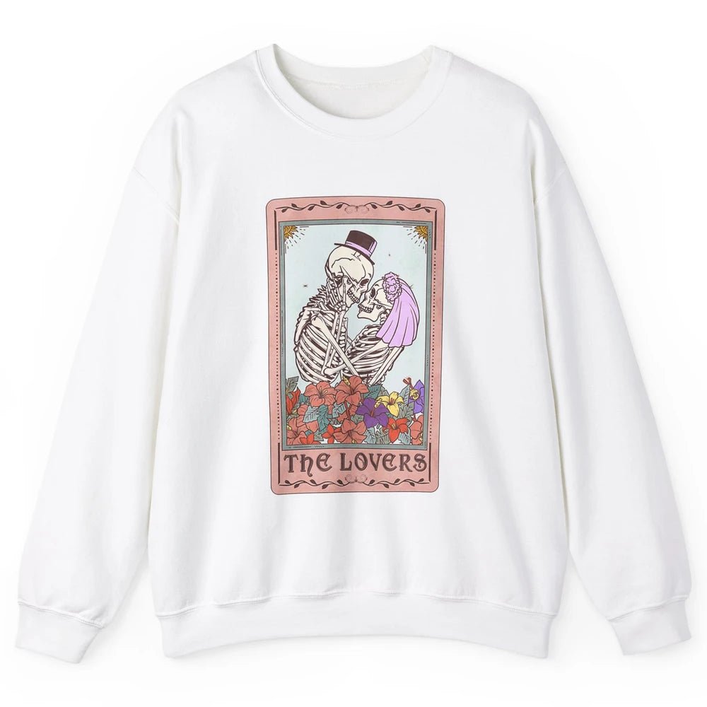The Lovers Funny Skeleton Couple Tarot Card Vintage Valentine Astrology Goth Skull Lover Floral Heart Unisex Crewneck Sweatshirt