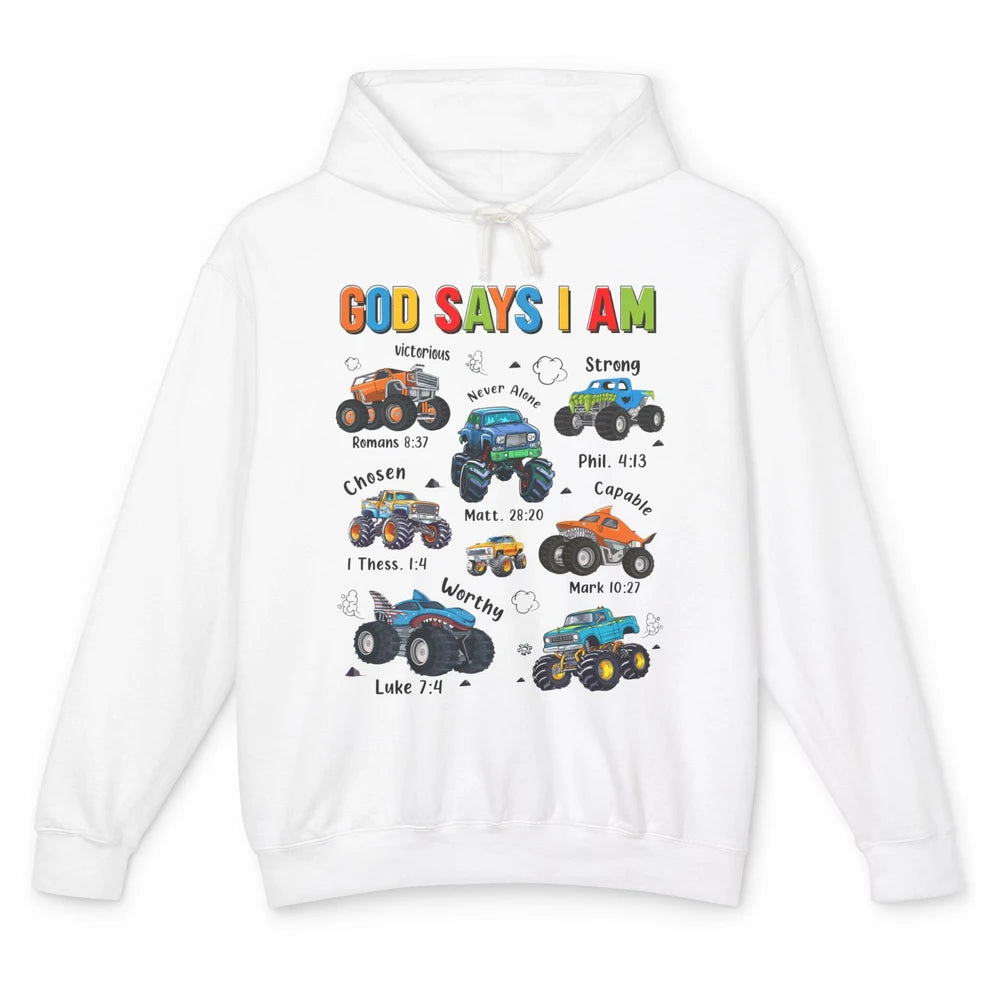 Monster Truck Christian God Say I'm Bible Verse Construction Unisex Lightweight Hoodie