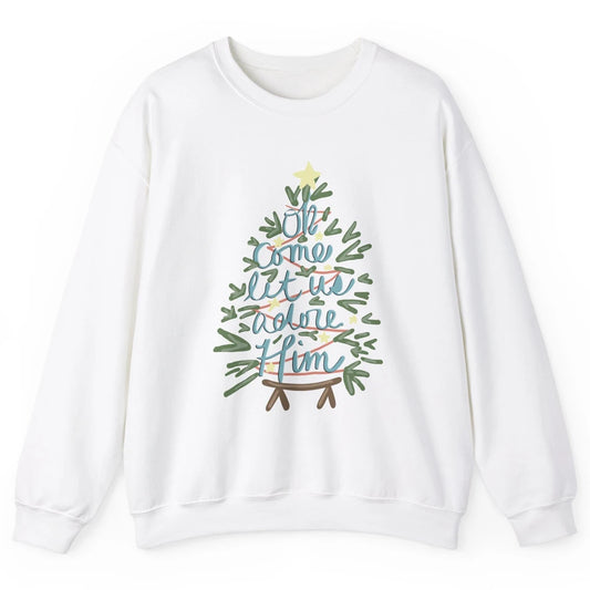 Retro Christmas Tree Oh Come Let Us Adore Him Groovy Xmas Unisex Crewneck Sweatshirt
