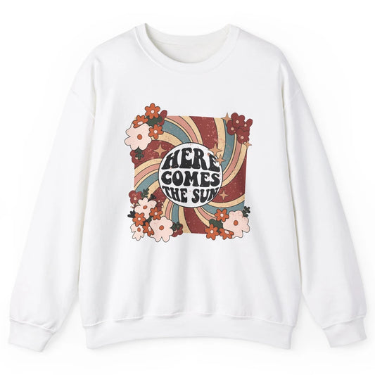 Retro Rainbow Sunrise Here Come The Sun Hippie Inspirational Unisex Crewneck Sweatshirt