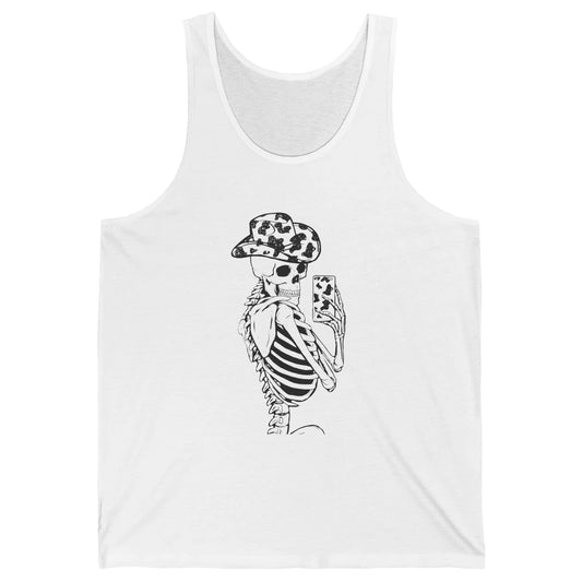 Funny Skeleton Cowgirl Selfie Cow Print Cowboy Hat Western Unisex Jersey Tank