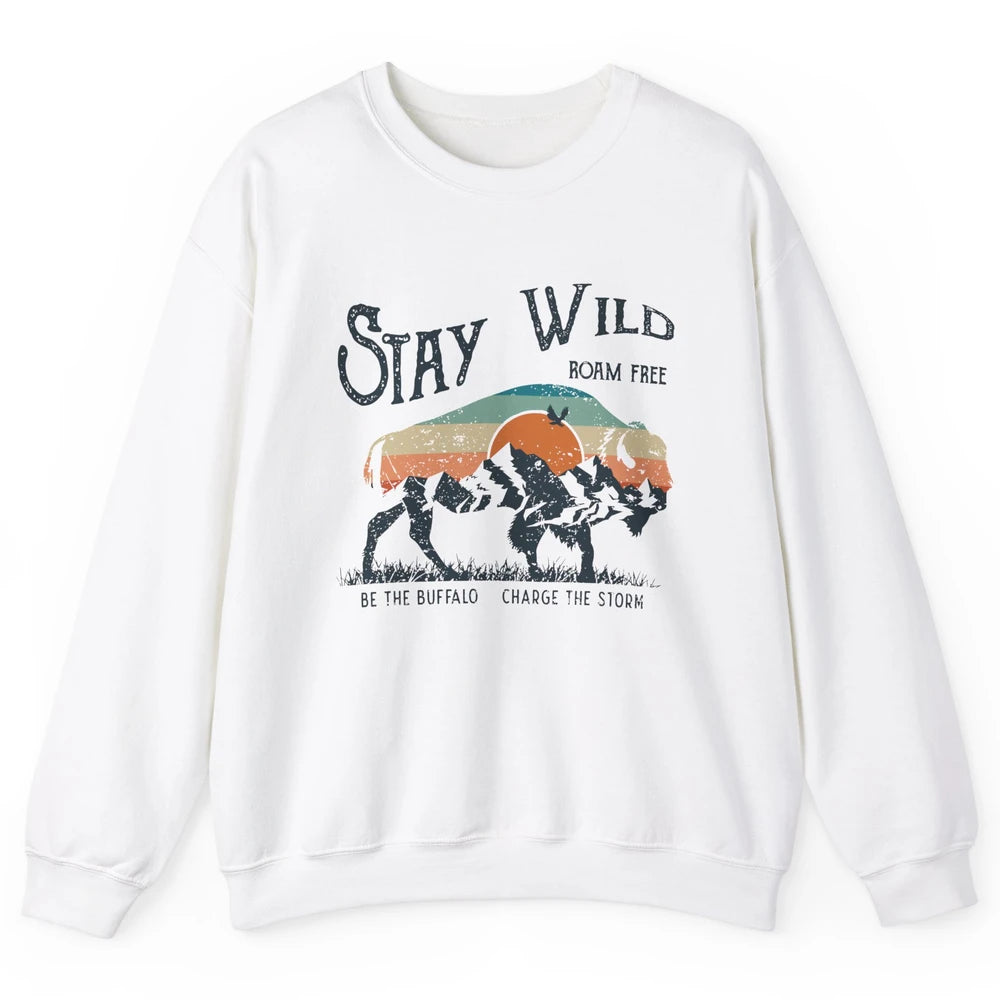 Retro Buffalo Mountain Sunset Stay Wild Roam Free Western Unisex Crewneck Sweatshirt