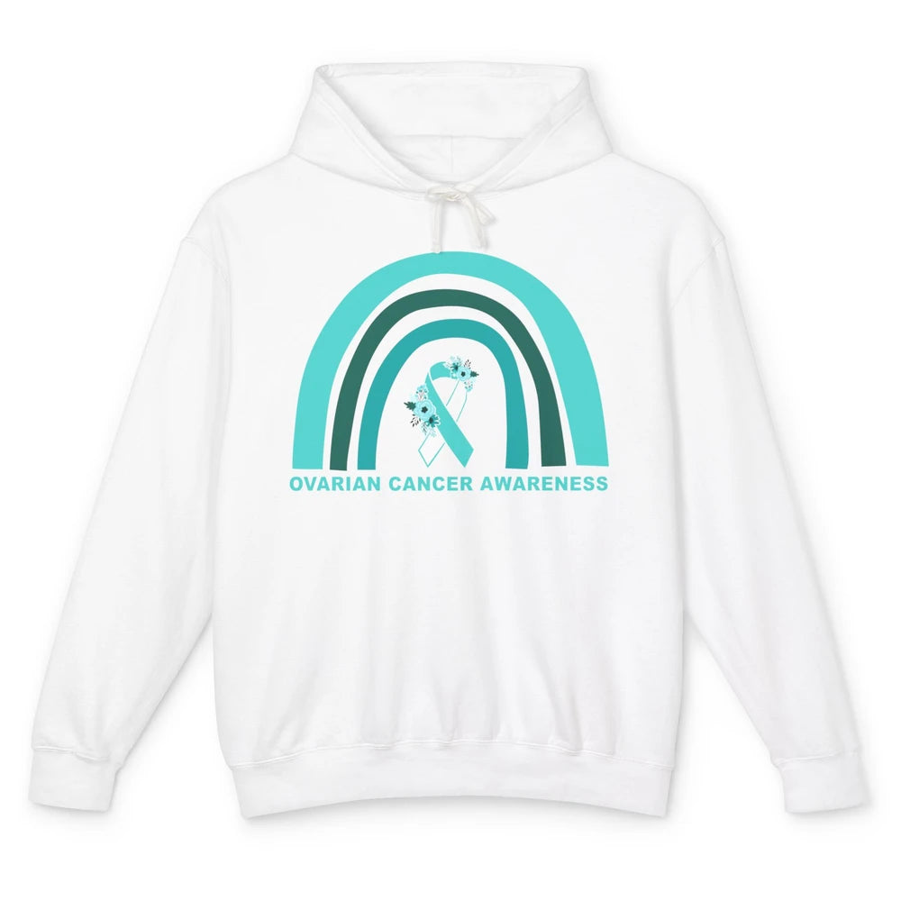 Ovarian Cancer Awareness Support Floral Turquoise Rainbow Unisex Lightweight Hoodie