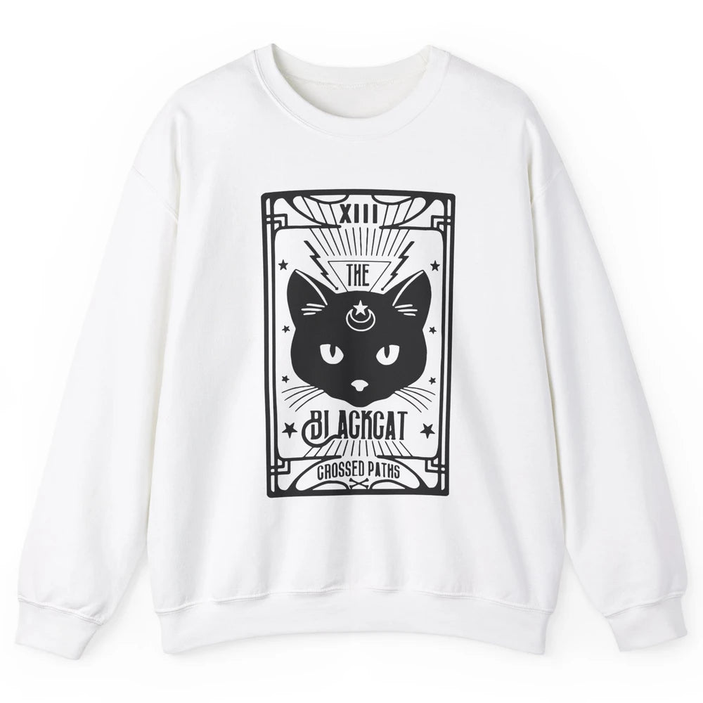 Retro Halloween Black Cat Crossed Path Tarot Card Witchcraft Unisex Crewneck Sweatshirt