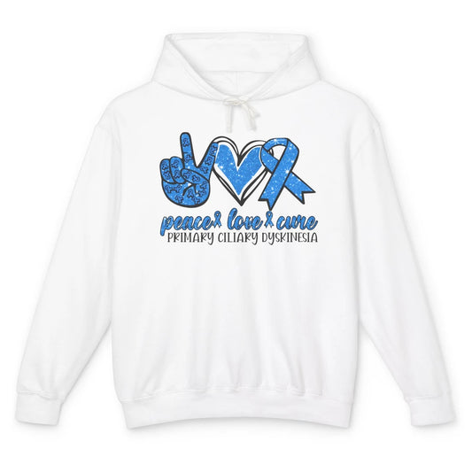 Primary Ciliary Dyskinesia Peace Love Cure Blue Ribbon Unisex Lightweight Hoodie