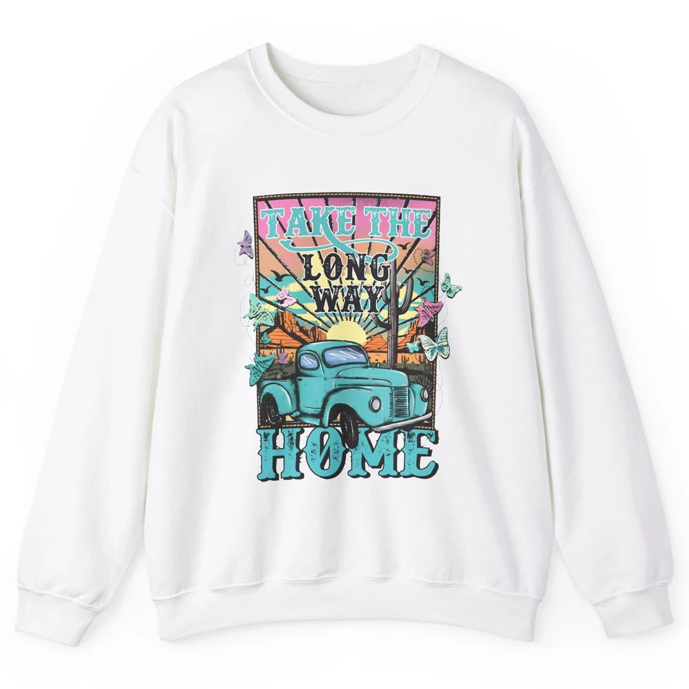 Retro Mountain Sunset Take The Long Way Home Western Country Unisex Crewneck Sweatshirt