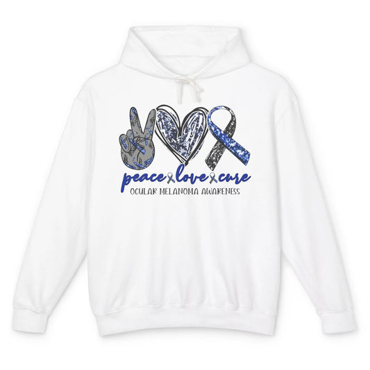 Ocular Melanoma Awareness Peace Love Cure Blue Ribbon Unisex Lightweight Hoodie