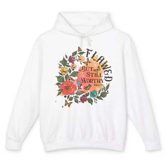 Retro Floral Flawed But Still Worthy Bible Verse Christian Unisex Lightweight Hoodie
