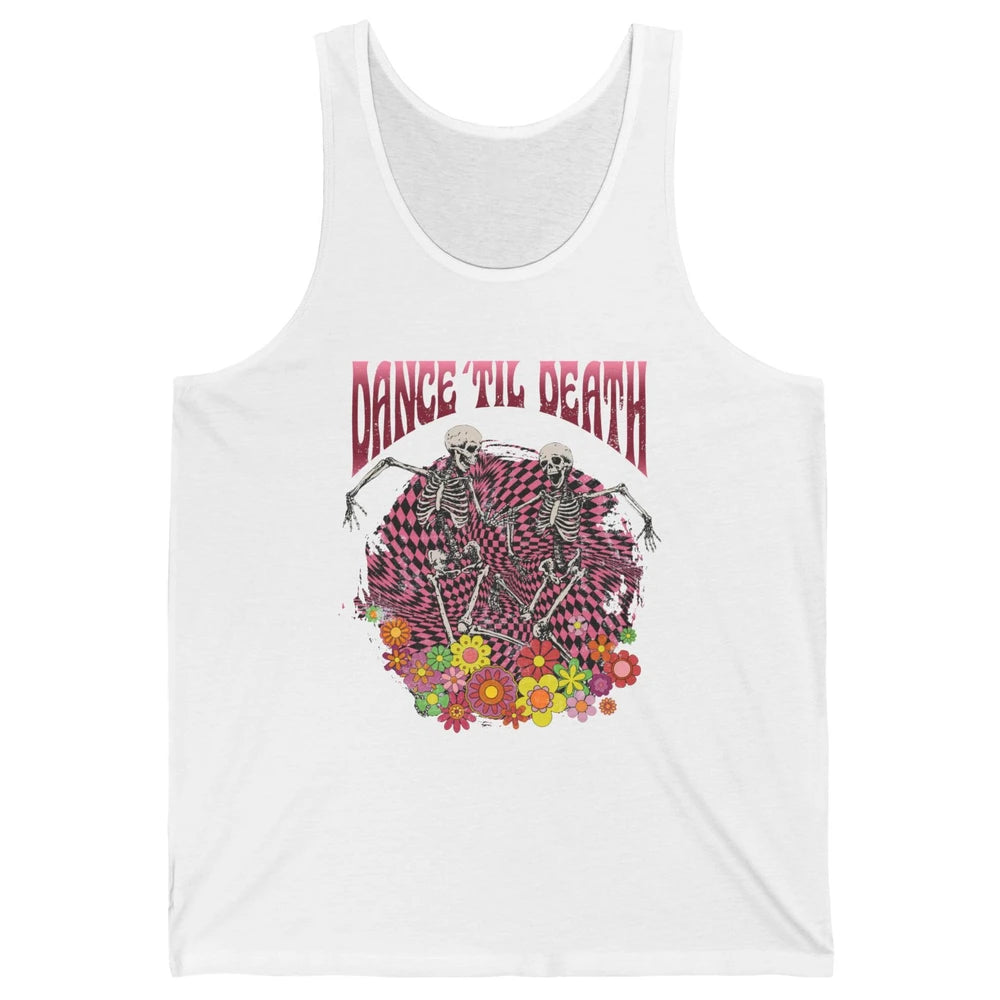 Retro Dancing Skeletons Dance Til Death Groovy Daisy Floral Unisex Jersey Tank