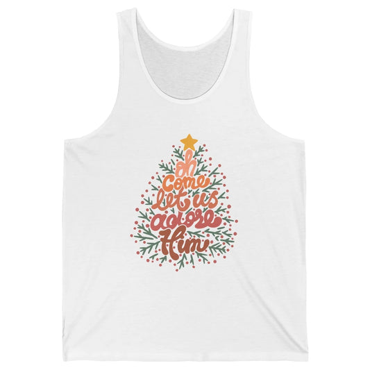 Retro Christmas Tree Oh Come Let Us Adore Him Groovy Xmas Unisex Jersey Tank