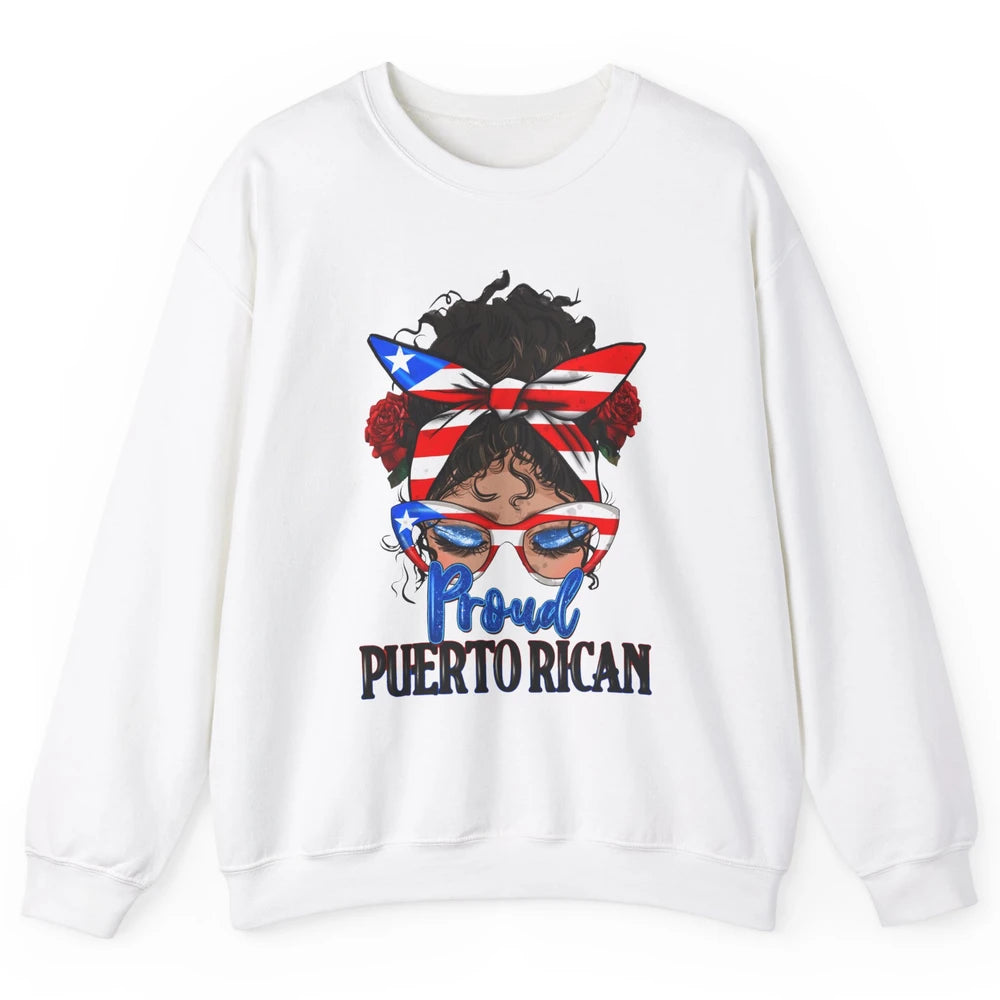 Proud Puerto Rican Girl Messy Bun Hair Puerto Rico Flag Unisex Crewneck Sweatshirt