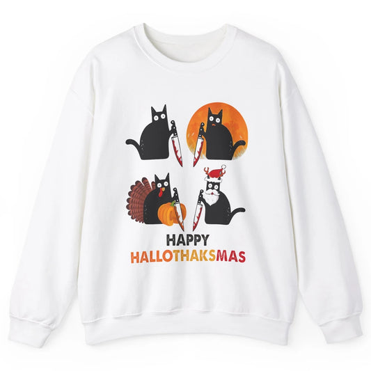 Funny Murderous Cat Turkey Hallo-thank-mas Thanksgiving Xmas Unisex Crewneck Sweatshirt